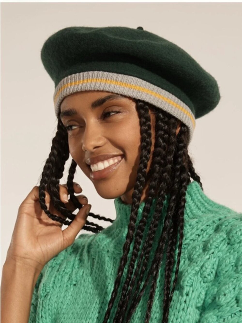 NWT Anthropologie Varsity Stripe Beret Dark Green Gray Yellow